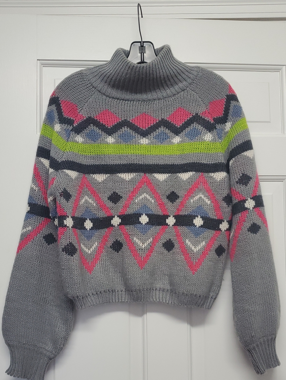 Gray Fair Isle Turtleneck Sweater with Pink & Lime Accents XS